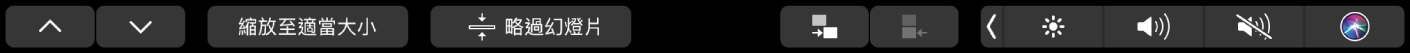 Keynote 觸控列顯示箭頭按鈕、縮放至適當大小按鈕、略過幻燈片按鈕、縮排幻燈片按鈕和減少縮排幻燈片按鈕。
