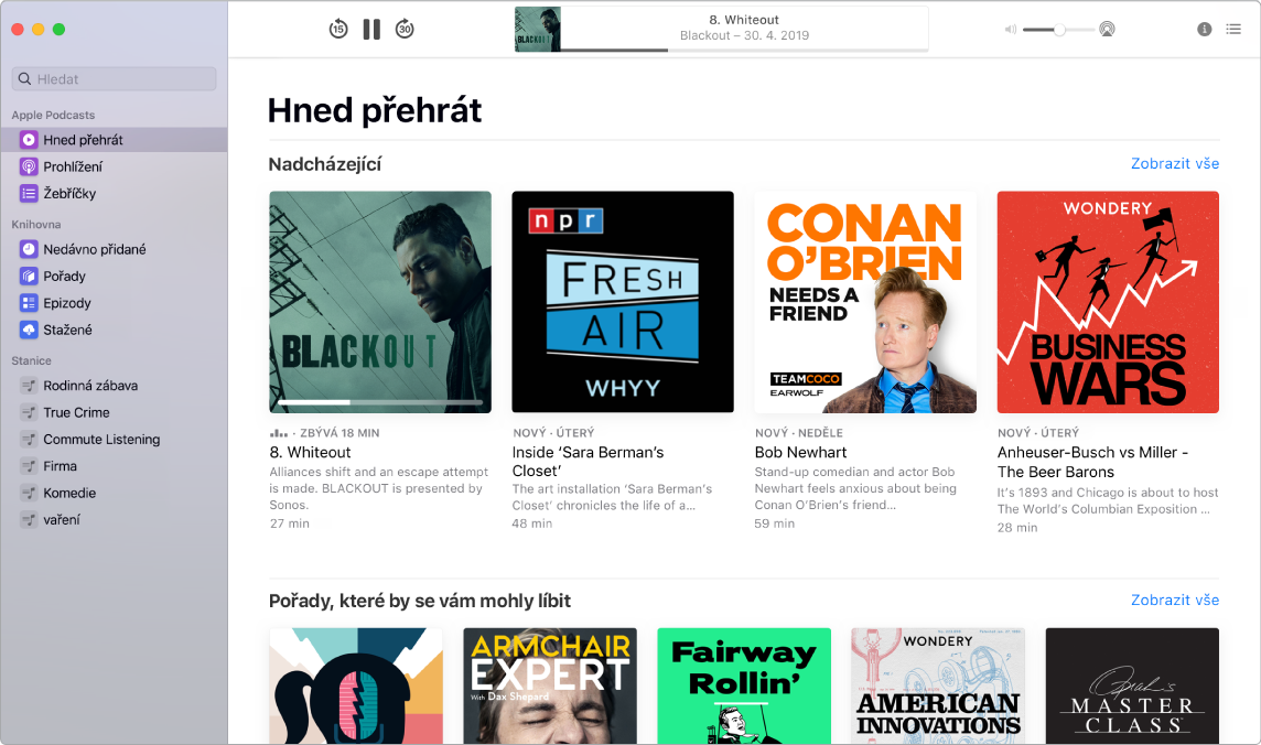 Okno aplikace Podcasty s vyhledávacím polem a výsledky