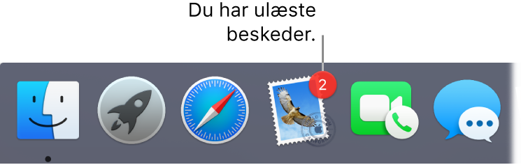 En del af Dock, der viser symbolet for programmet Mail med et etiket, som viser antallet af ulæste beskeder.