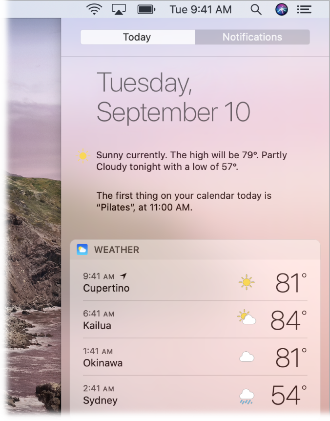 A partial desktop screen showing Notification Center open with the Today tab selected.