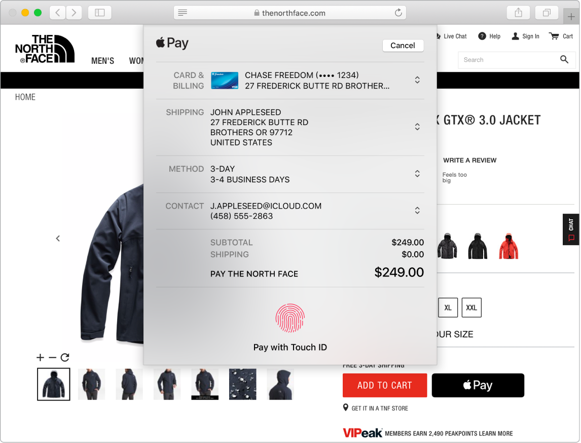 A Mac screen showing an online purchase in progress using the Apple Pay option in Safari.