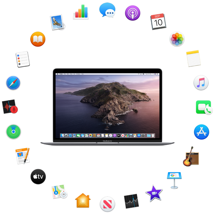 A MacBook Air surrounded by the icons for the built-in apps described in the following sections.