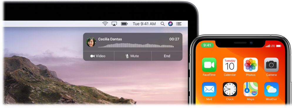 Mac screen showing the call notification window in the top-right corner, and an iPhone showing that a call is in progress through the Mac.