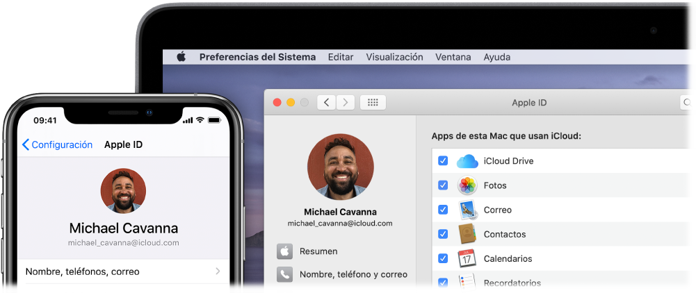 Un iPhone mostrando la configuración de iCloud y una Mac mostrando la ventana de iCloud.