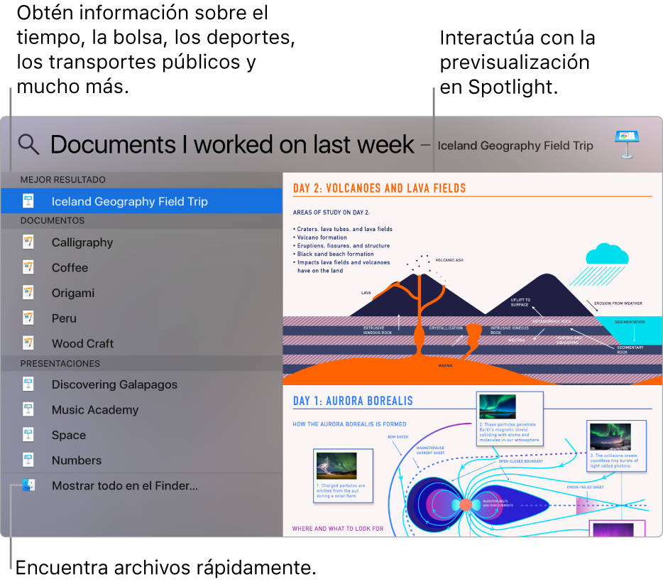 Ventana de Spotlight con los resultados de una búsqueda a la izquierda y una previsualización a la derecha.