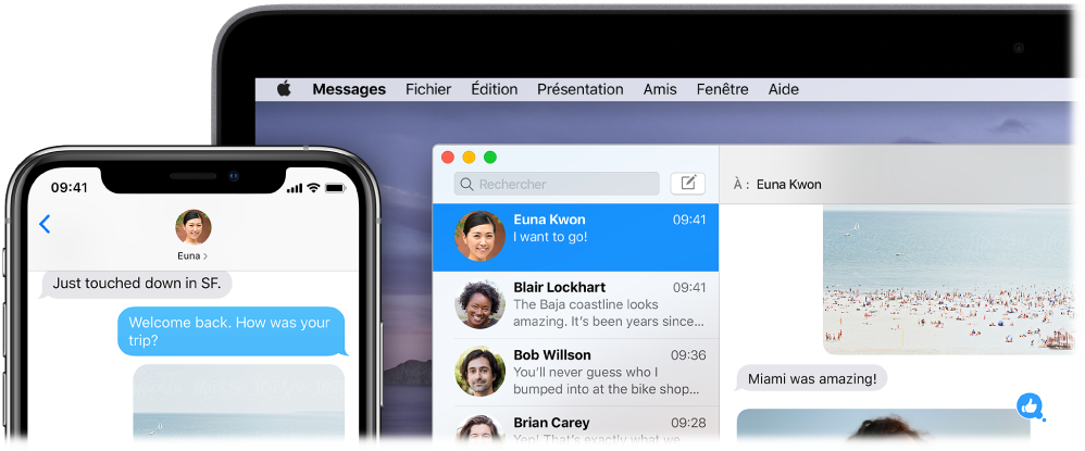 App Messages ouverte sur un Mac, affichant la même conversation dans Messages sur un iPhone.