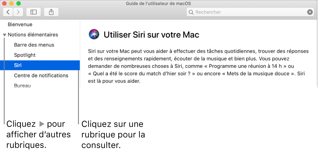 Visualisation Aide indiquant comment afficher les rubriques situées dans la barre latérale et comment afficher le contenu d’une rubrique.