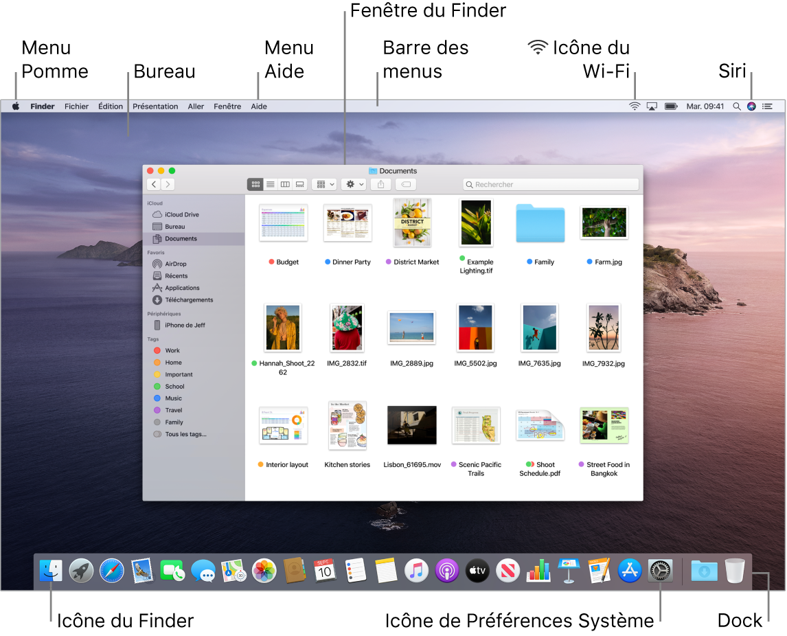 Écran d’un Mac présentant le menu Pomme, le bureau, le menu Aide, une fenêtre du Finder, la barre des menus, l’icône Wi‑Fi, l’icône « Demander à Siri », l’icône du Finder, l’icône « Préférences Système » et le Dock.