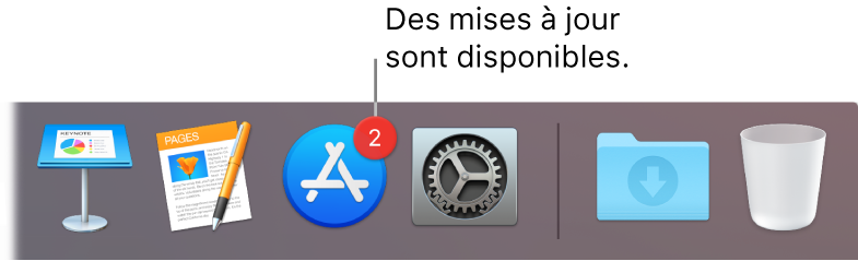 Section du Dock affichant l’icône de l’App Store avec une pastille, ce qui indique que des mises à jour sont disponibles.