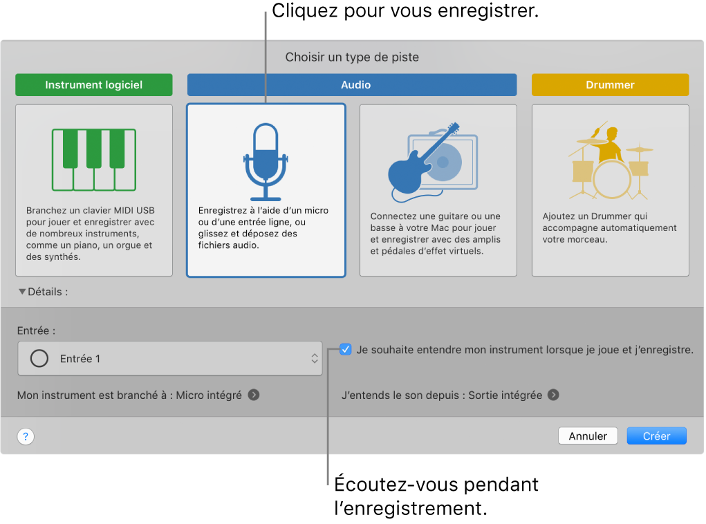 Sous-fenêtre des instruments de GarageBand indiquant où cliquer pour enregistrer la voix et s’écouter au moment de l’enregistrement.