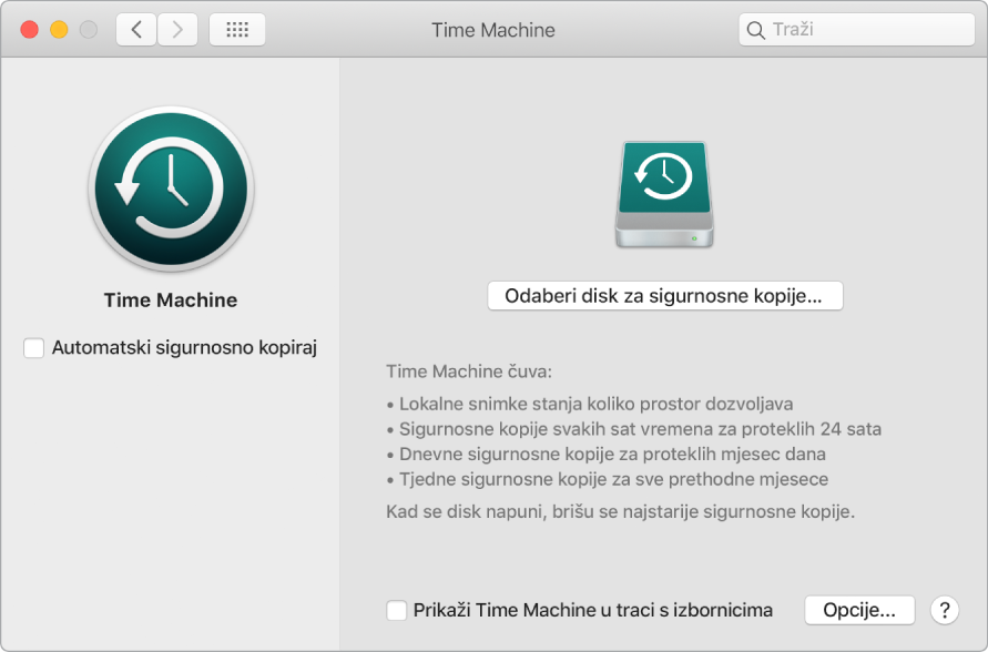 Prozor sigurnosne kopije Time Machinea.