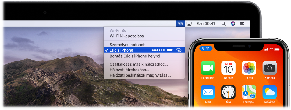 Mac gép képernyője a Wi-Fi menüvel, amelyben az látható, hogy egy iPhone egy személyes hotspothoz kapcsolódik.