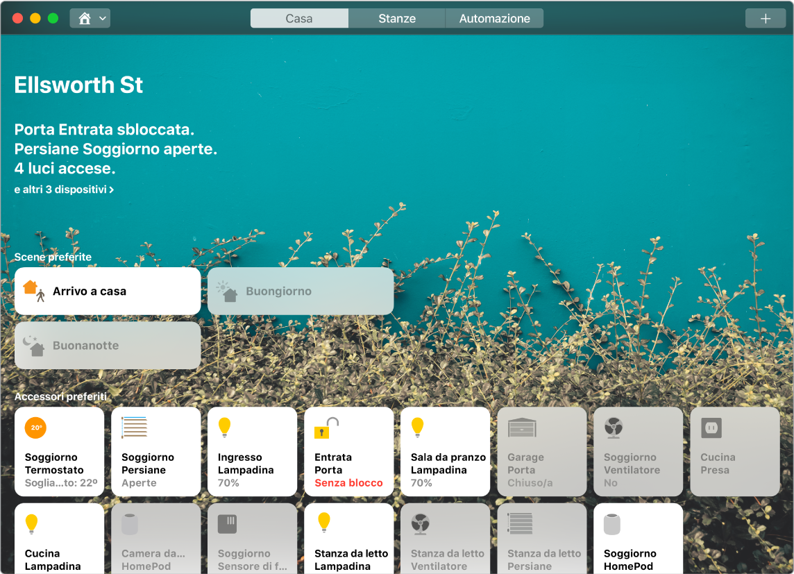 L'app Casa che mostra le scene e gli accessori preferiti.