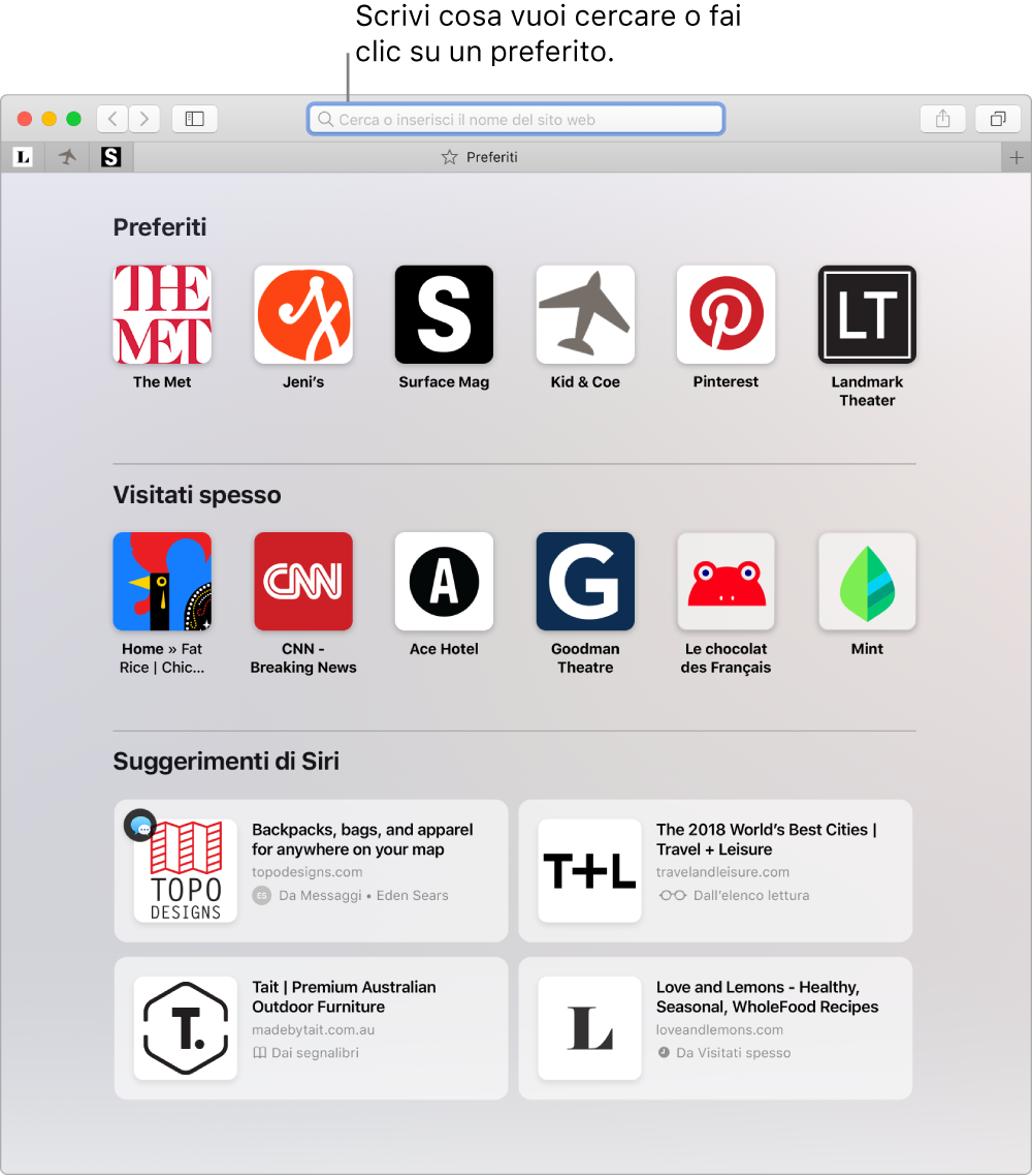 Una finestra di Safari con la vista Preferiti e il campo di ricerca smart evidenziato.