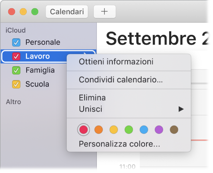 Menu di scelta rapida con le opzioni per personalizzare il colore di un calendario.