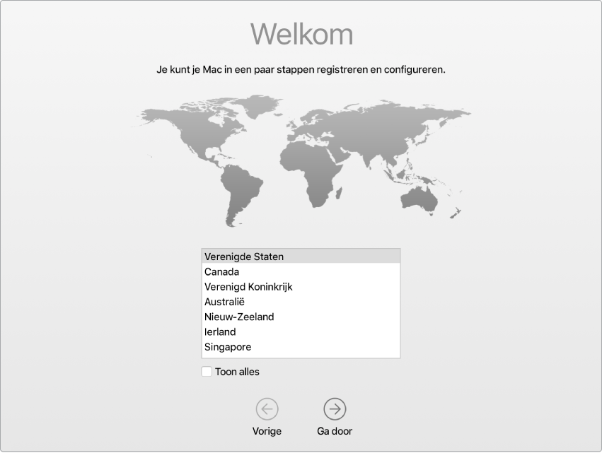 Een Mac-scherm met het welkomstscherm van de configuratie-assistent.