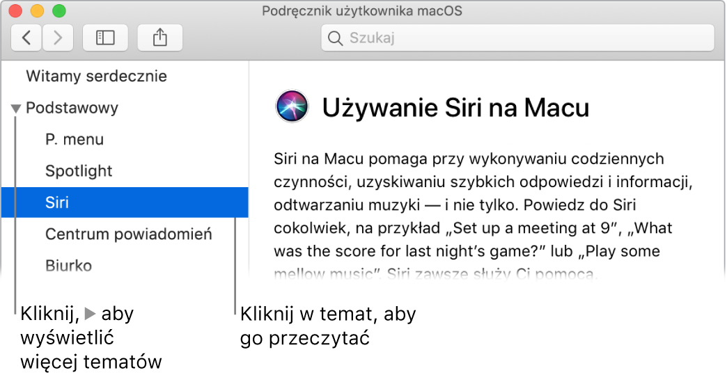 Okno przeglądarki pomocy; ilustracja przedstawia sposób wyświetlania tematów na pasku bocznym oraz sposób wyświetlania zawartości otwartego tematu pomocy.