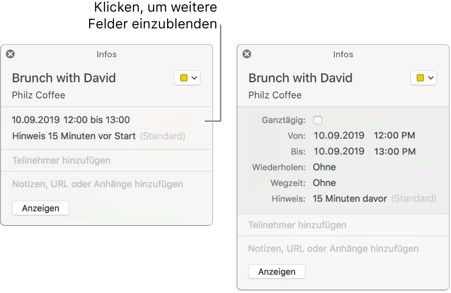 Das Bild links zeigt ein nicht erweitertes Infofenster für das Ereignis. Rechts ist das erweiterte Infofenster für dasselbe Ereignis zu sehen, in dem zusätzliche Felder für Start, Ende, Wiederholung und Wegzeiten angezeigt werden.