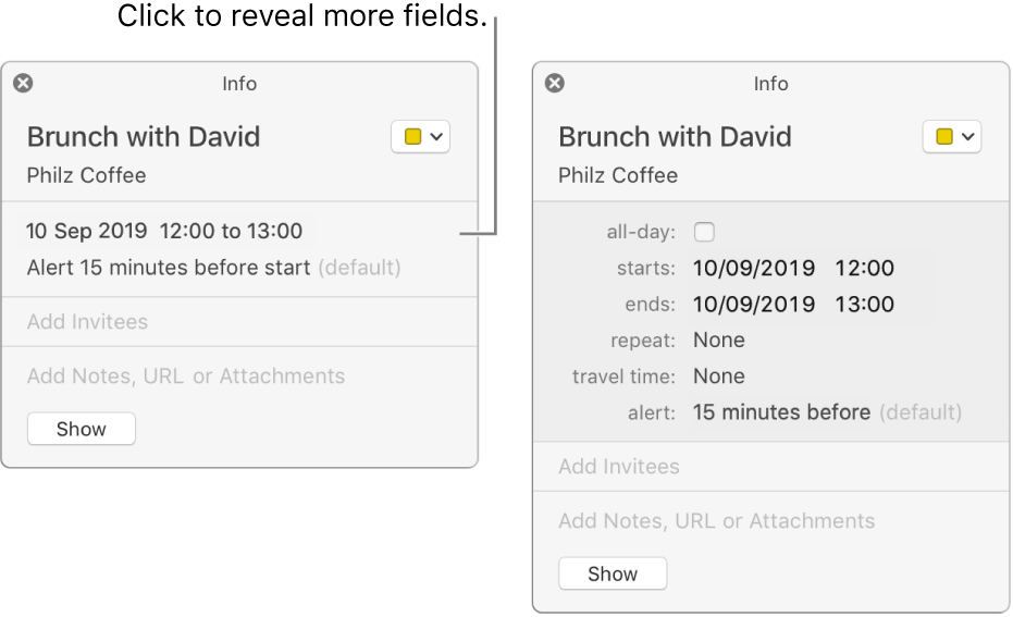 The image on the left shows an unexpanded Info window for an event. On the right, the Info window for the same event is expanded to show additional fields, such as starts, ends, repeat and travel time.