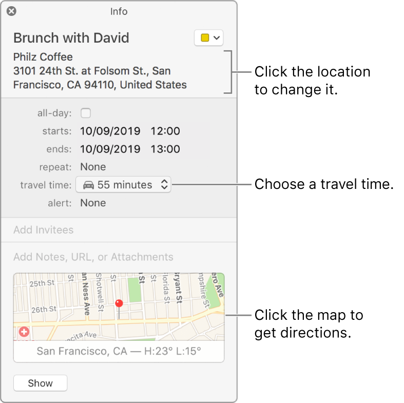 Info window for an event, with the pointer over the Travel Time pop-up menu. Choose a travel time from the pop-up menu. Click the location to change it. Click the map to get directions