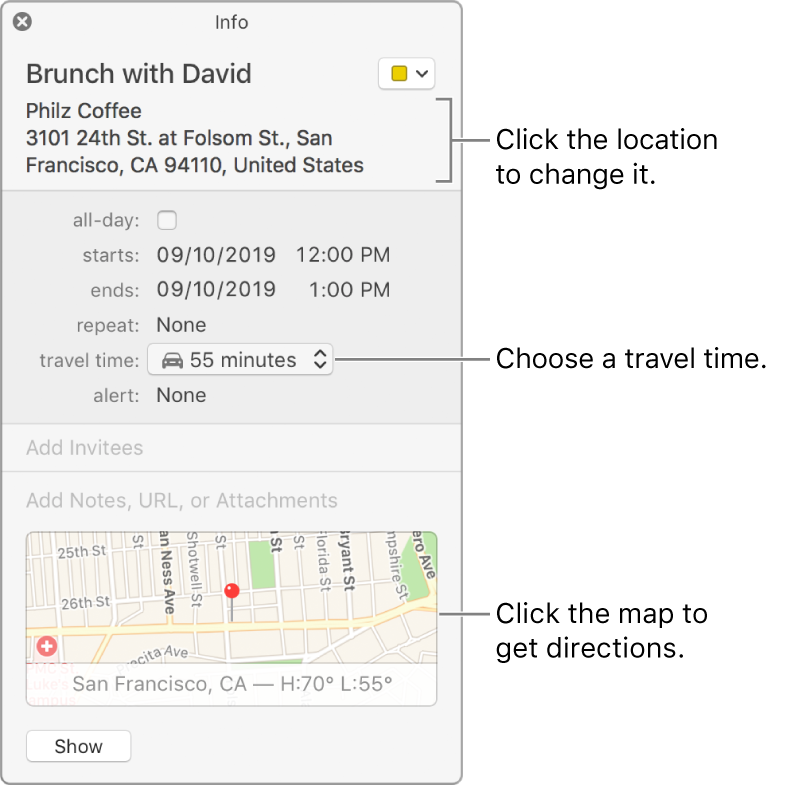 Info window for an event, with the pointer over the Travel Time pop-up menu. Choose a travel time from the pop-up menu. Click the location to change it. Click the map to get directions