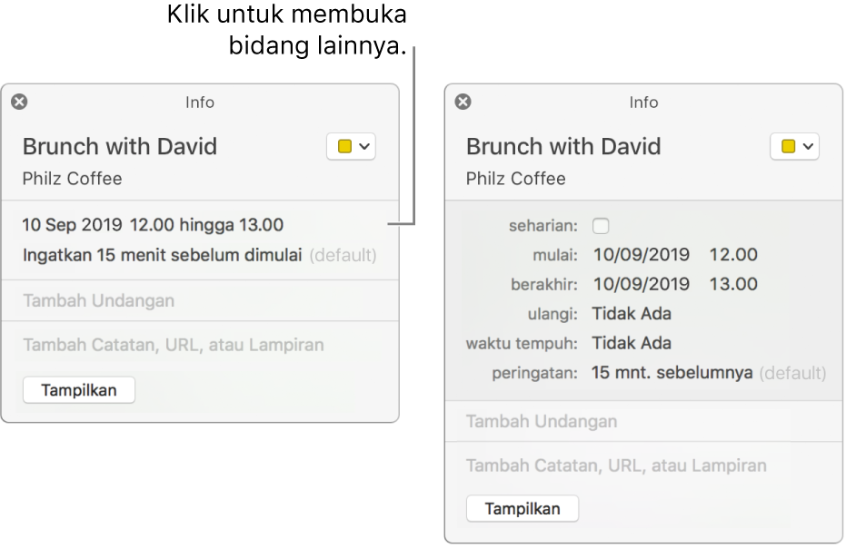 Jendela info untuk acara dengan detail tersembunyi (di sebelah kiri), dan jendela info acara yang sama dengan detail durasi yang ditampilkan (di sebelah kanan).