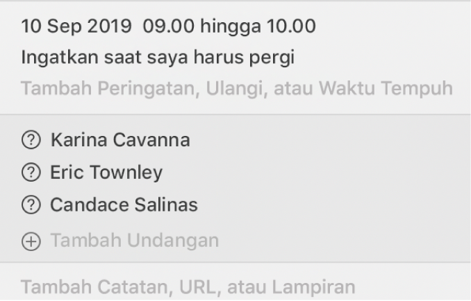 Jendela info untuk acara, dipotong untuk menampilkan hanya undangan