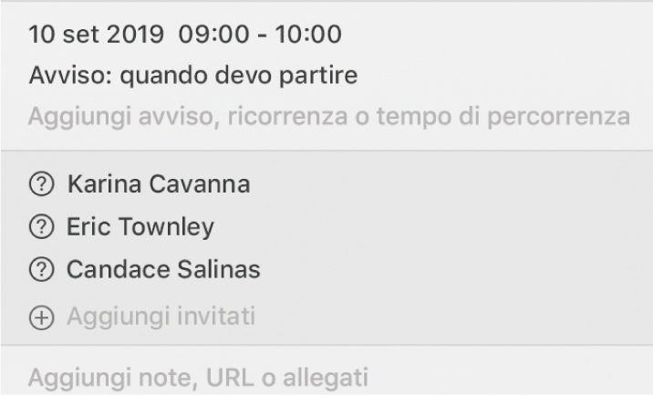 Finestra delle informazioni di un evento, tagliata per mostrare solo gli invitati