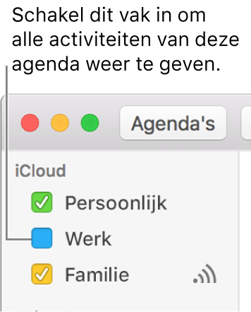 Schakel het aankruisvak van een agenda in om alle activiteiten van die agenda weer te geven
