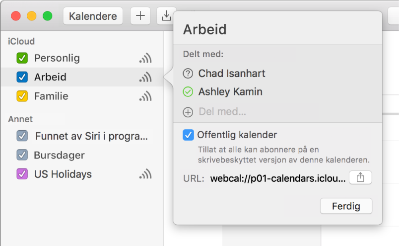 Delingsinnstillinger-vindu med to personer som er invitert til å dele og valget Offentlig kalender markert
