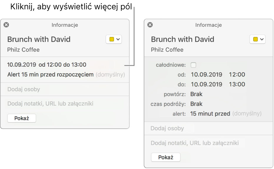 Ilustracja po lewej pokazuje nierozwinięte okno informacji o wydarzeniu. Po prawej widoczne jest okno informacji o tym samym wydarzeniu, rozwinięte w celu pokazania dodatkowych pól, takich jak czas początkowy, czas końcowy, czas zakończenia, powtarzanie i czas podróży.