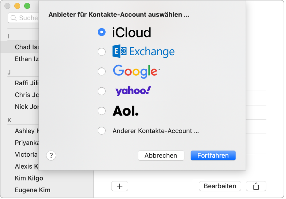 Das Fenster zum Hinzufügen von Internetaccounts zur App „Kontakte“