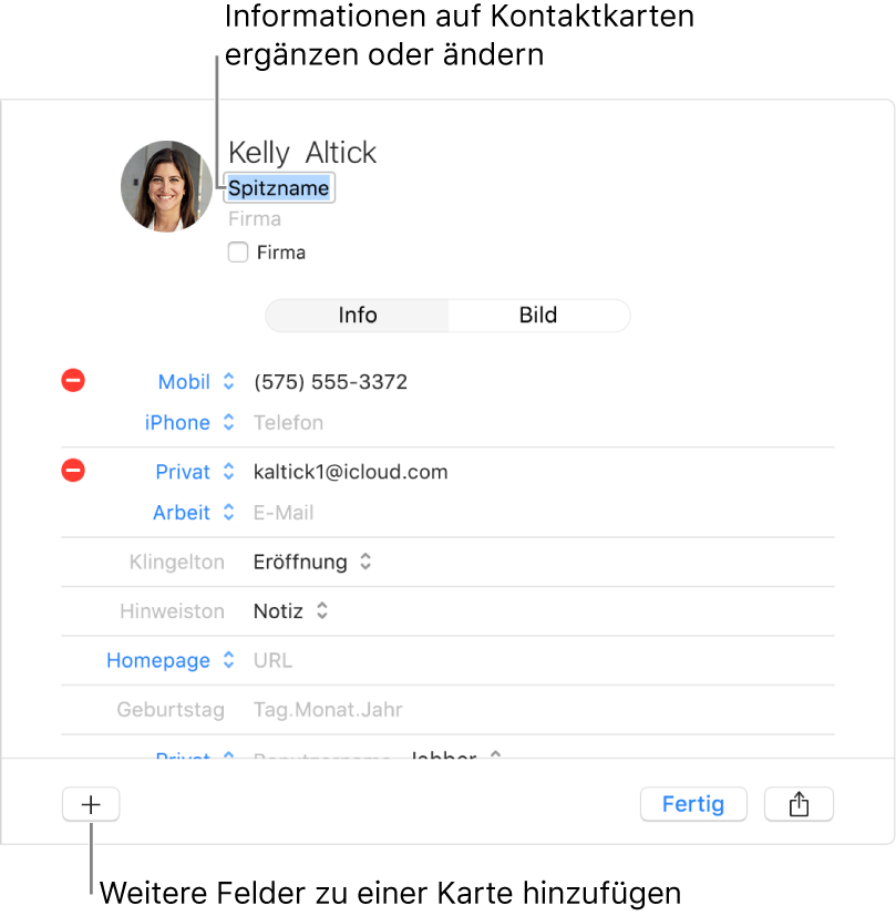 Eine Karte eines Kontakts mit dem Feld „Spitzname“ und dem Namen des Kontakts und einer Taste unten zum Hinzufügen weiterer Felder zu der Karte