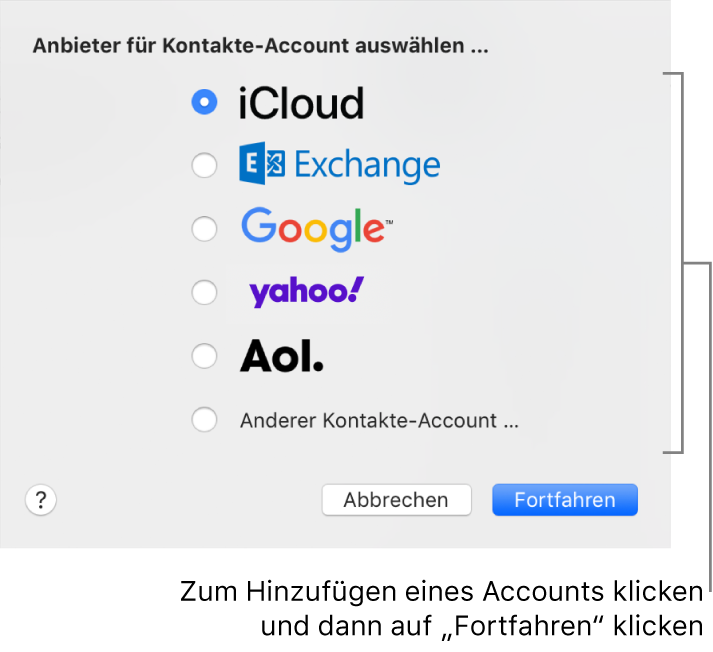 Das Fenster zum Hinzufügen von Internetaccounts zur App „Kontakte“