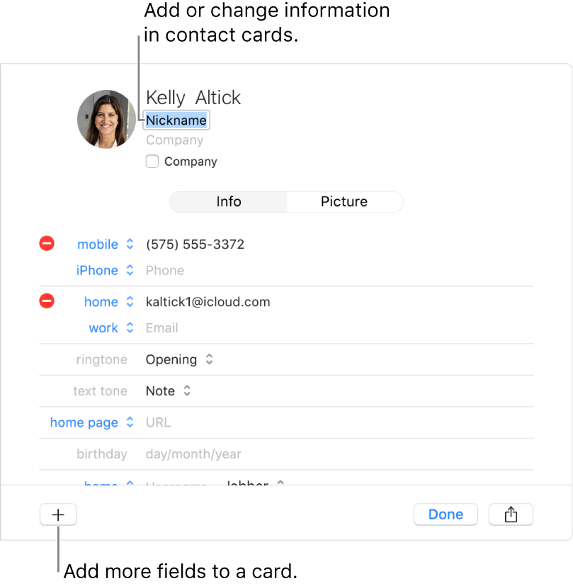 A contact card showing the nickname field below the contact’s name and a button at the bottom of the window for adding more fields to the card.