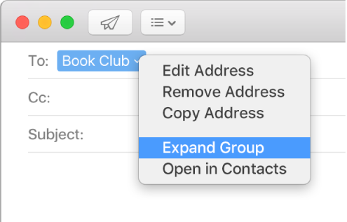 An email in Mail, showing a group in the To field and the pop-up menu showing the Expand Group command selected.