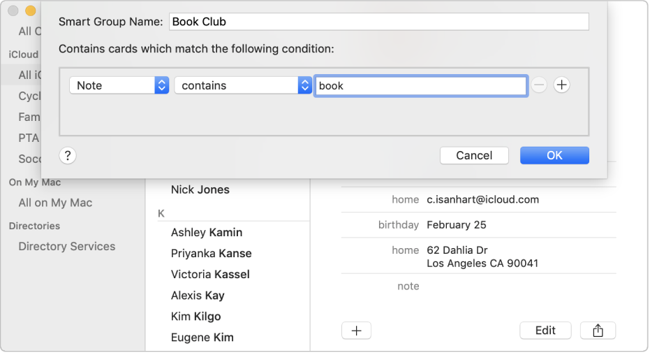 The window for adding a Smart Group, with a group named “Book Club” that includes contacts who have the word “book” in their Note field.