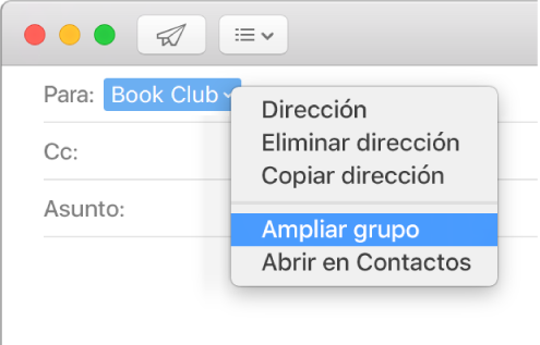 Un correo en Mail, mostrando un grupo en el campo Para y el menú desplegable mostrando el comando "Ampliar grupo" seleccionado.