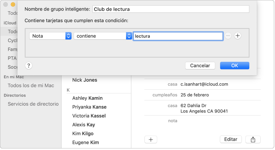 La ventana para agregar un grupo inteligente con un grupo llamado "Club de lectura" que incluye contactos que tienen "lectura" en el campo Nota.