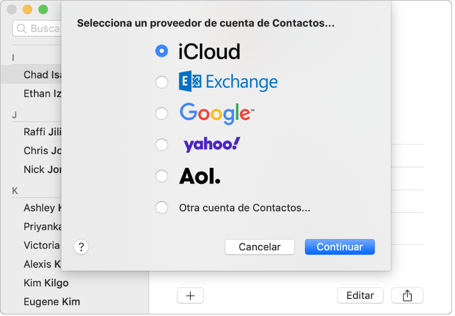 La ventana para agregar cuentas de Internet a la app Contactos.