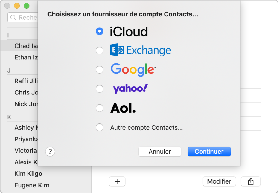 Fenêtre permettant d’ajouter des comptes Internet à l’app Contacts.