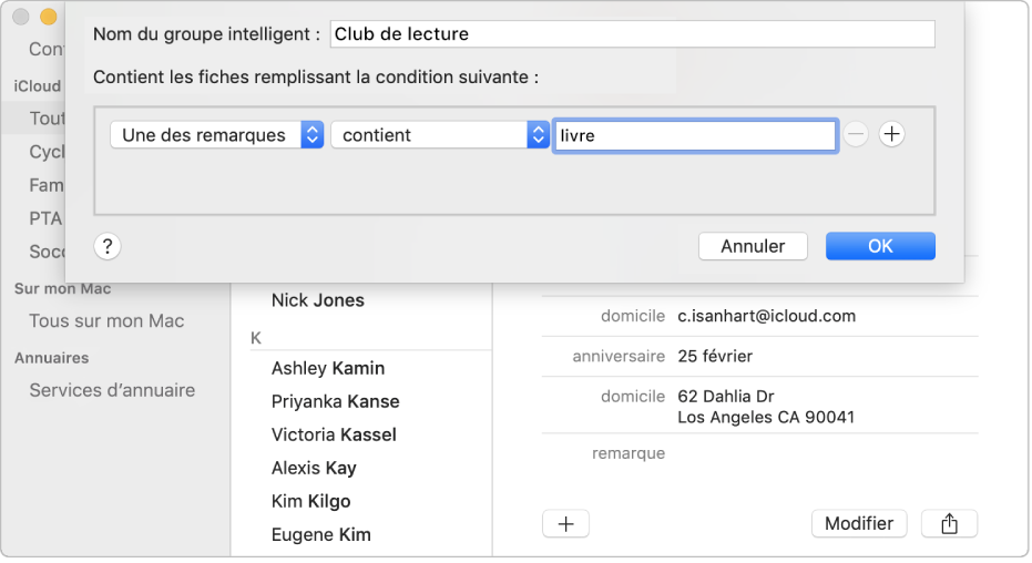 Fenêtre d’ajout d’un groupe intelligent, avec un groupe appelé « Club de lecture » comprenant les contacts dont le champ Remarque contient le mot « livre ».