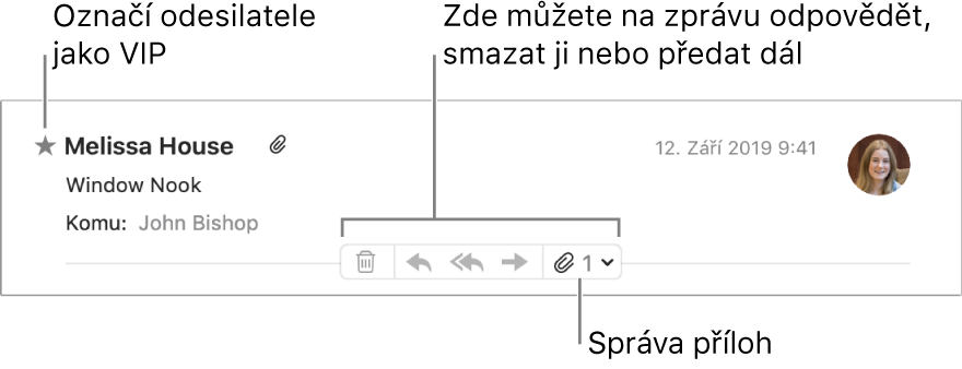 Záhlaví zprávy s hvězdičkou u jména odesílatele, která jej označuje jako VIP odesílatele, a s tlačítky pro smazání, odpověď a přeposlání zprávy a pro správu příloh