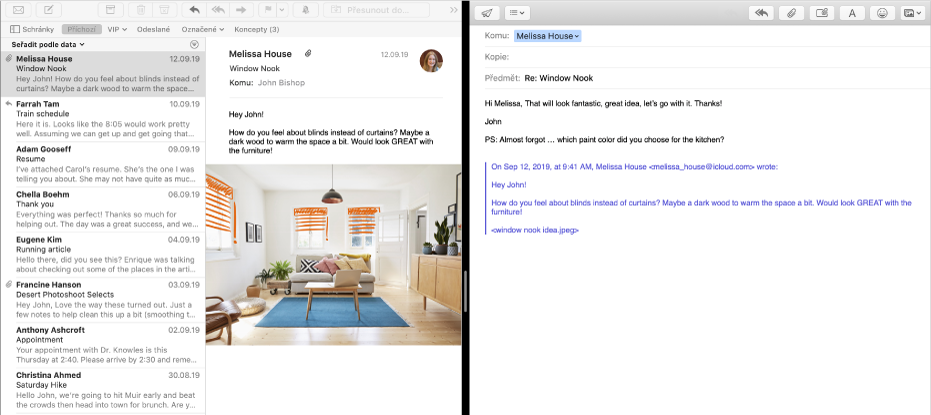 Podokno se seznamem zpráv zobrazené vedle podokna pro vytvoření nové zprávy v rozděleném zobrazení