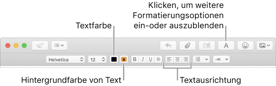 Die Symbolleiste und die Formatierleiste im Fenster für eine neue Nachricht mit den Tasten für die Textfarbe, die Hintergrundfarbe und die Textausrichtung.