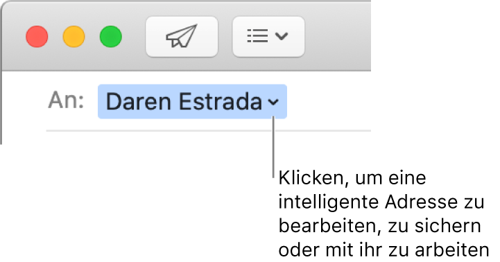 Eine intelligente Adresse mit dem Pfeil, auf den du klicken kannst, um die Adresse zu bearbeiten, zu sichern oder zu verwenden.