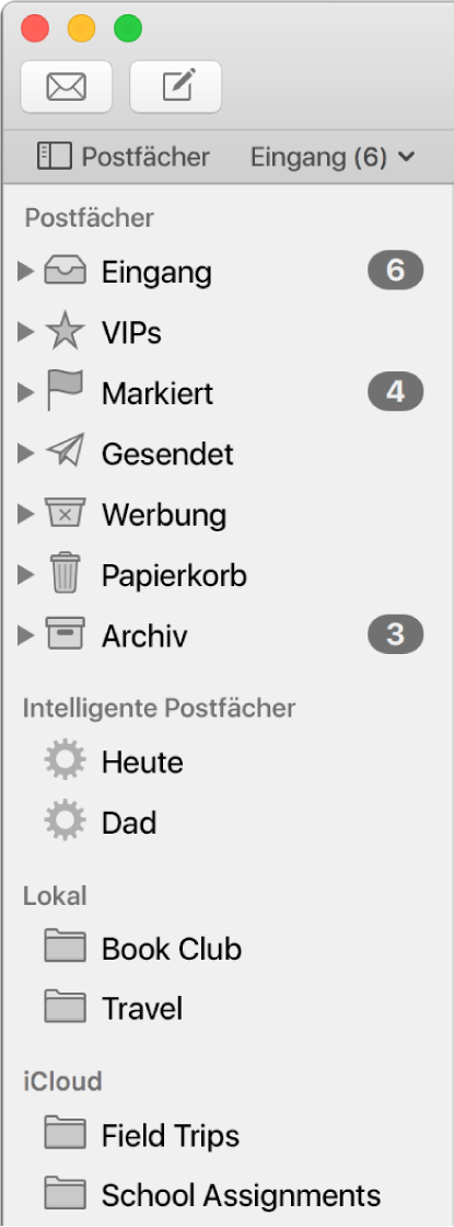 Die Seitenleiste von Mail mit den Standardpostfächern („Posteingang“, „Entwürfe“ usw.) oben in der Seitenleiste und Postfächern, die lokal auf dem Mac oder in iCloud erstellt wurden.