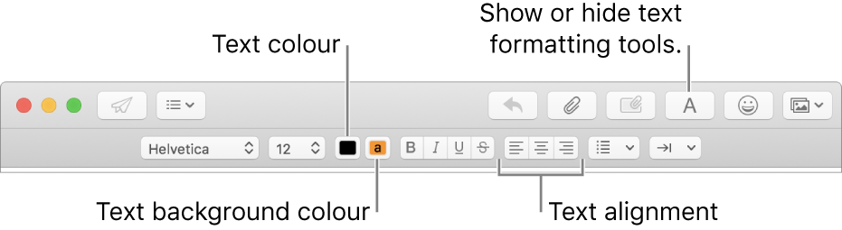 The toolbar and formatting bar in a new message window indicating the text colour, text background colour and text alignment buttons.