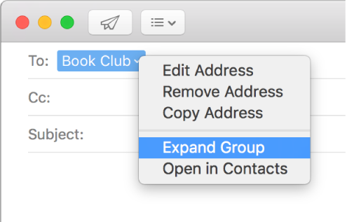 An email showing a group in the To field and the pop-up menu showing the Expand Group command.