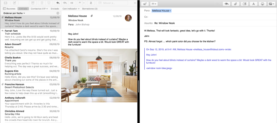 La lista de mensajes en paralelo con una ventana de redacción de Split View.